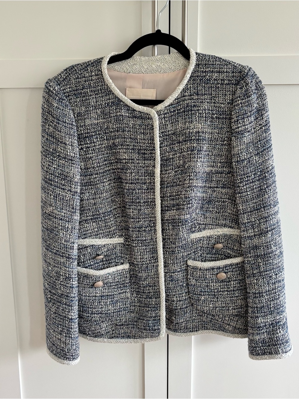Rebecca Taylor Navy & Off-White Tweed Collarless Blazer